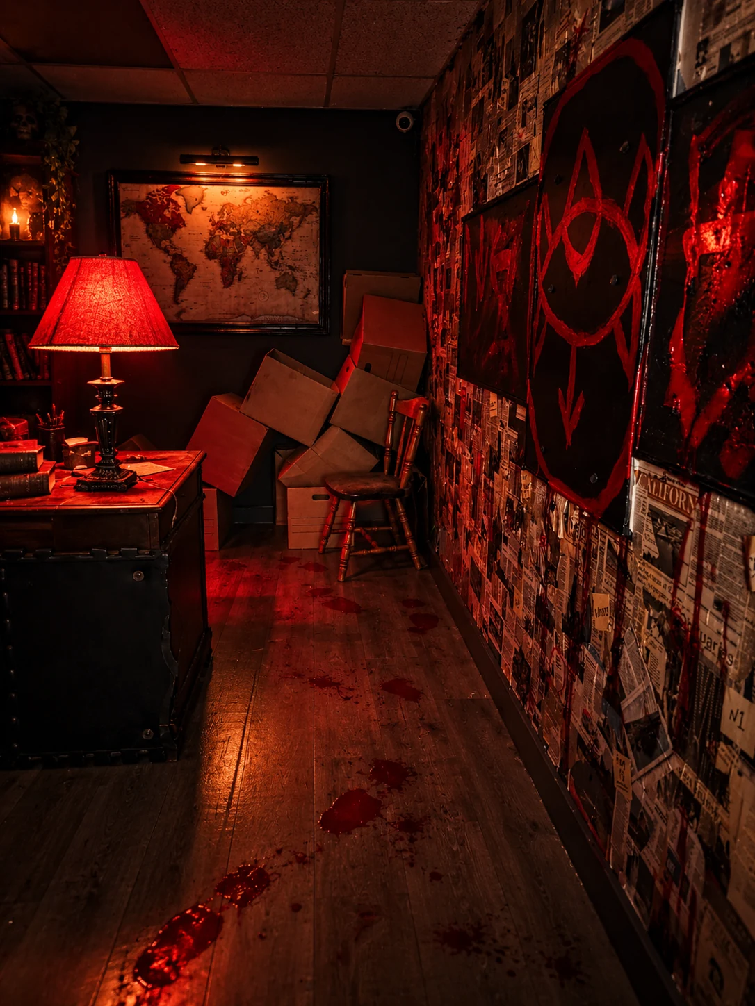 ZOE study with a red lamp, map and symbol-covered wall