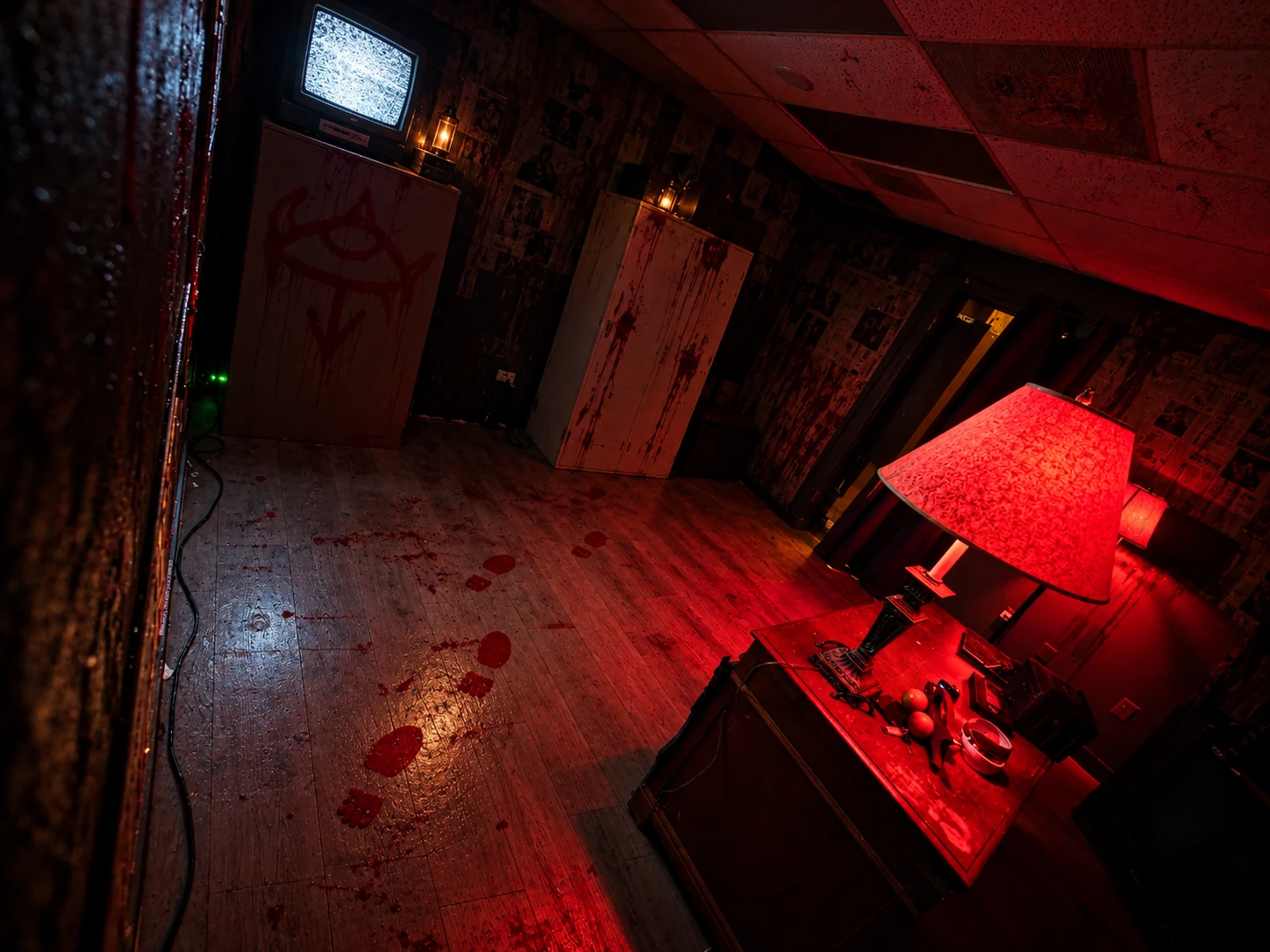 Red-lit ZOE room with a static television, cabinets and a desk